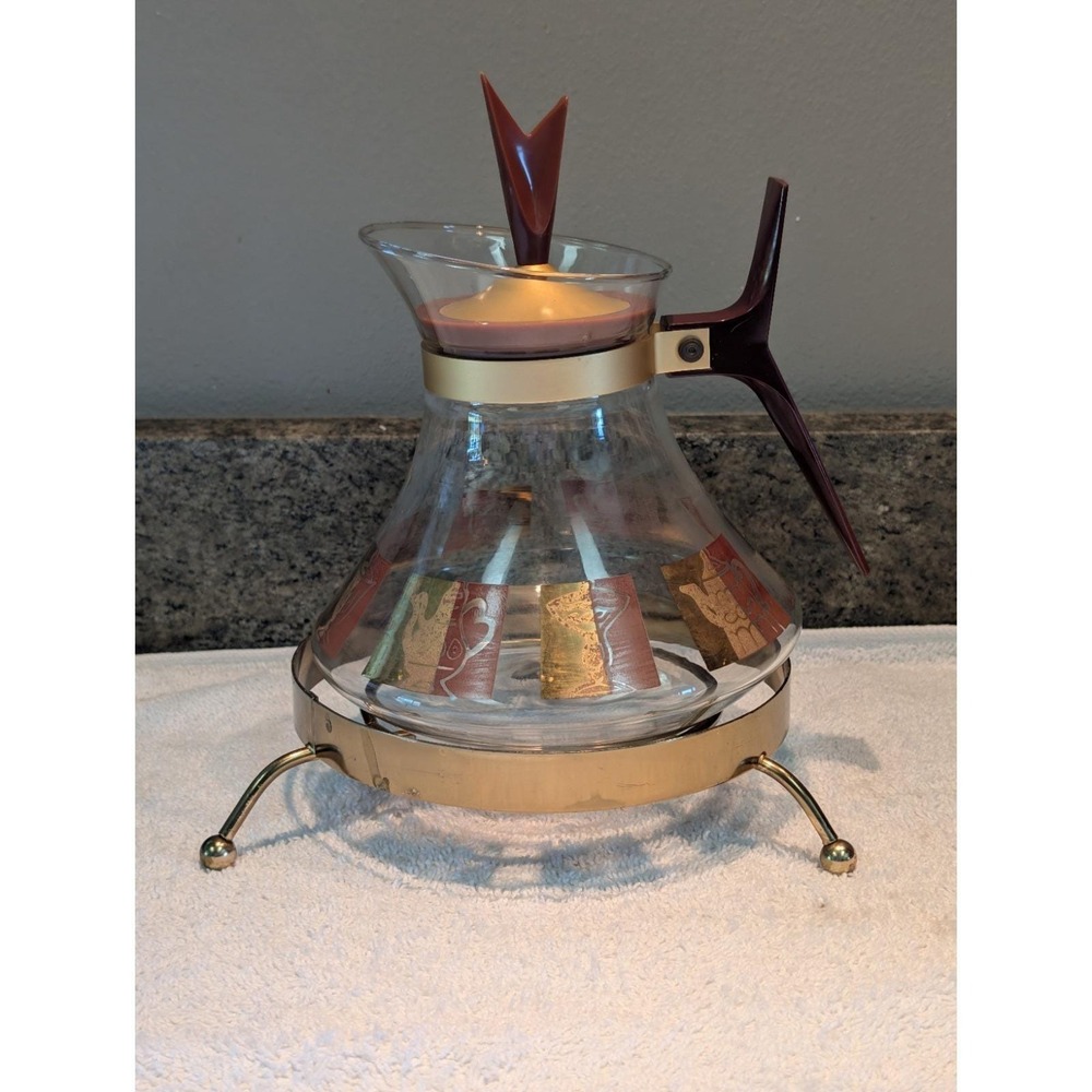 Vintage Inland Glass Atomic Coffee Carafe Stand MCM 1950s Retro Brown Lid